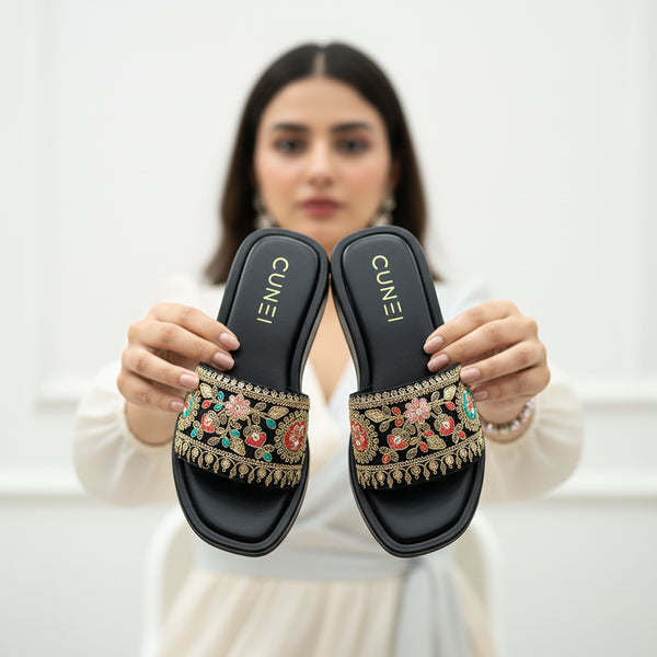 Festive Black Floral Embroidered Slider